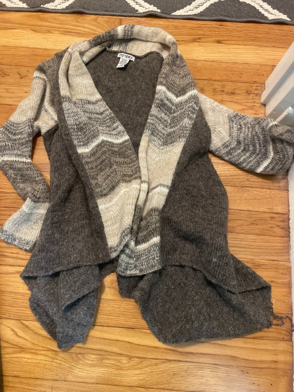 Sisters Brown Gray Open-Front Knit Cardigan, Boho Waterfall